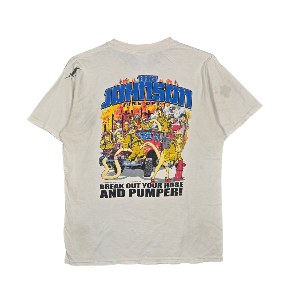 Vintage Big Johnson T-Shirt Mens Medium White Fire Dept‎ Distressed Hose Pumper